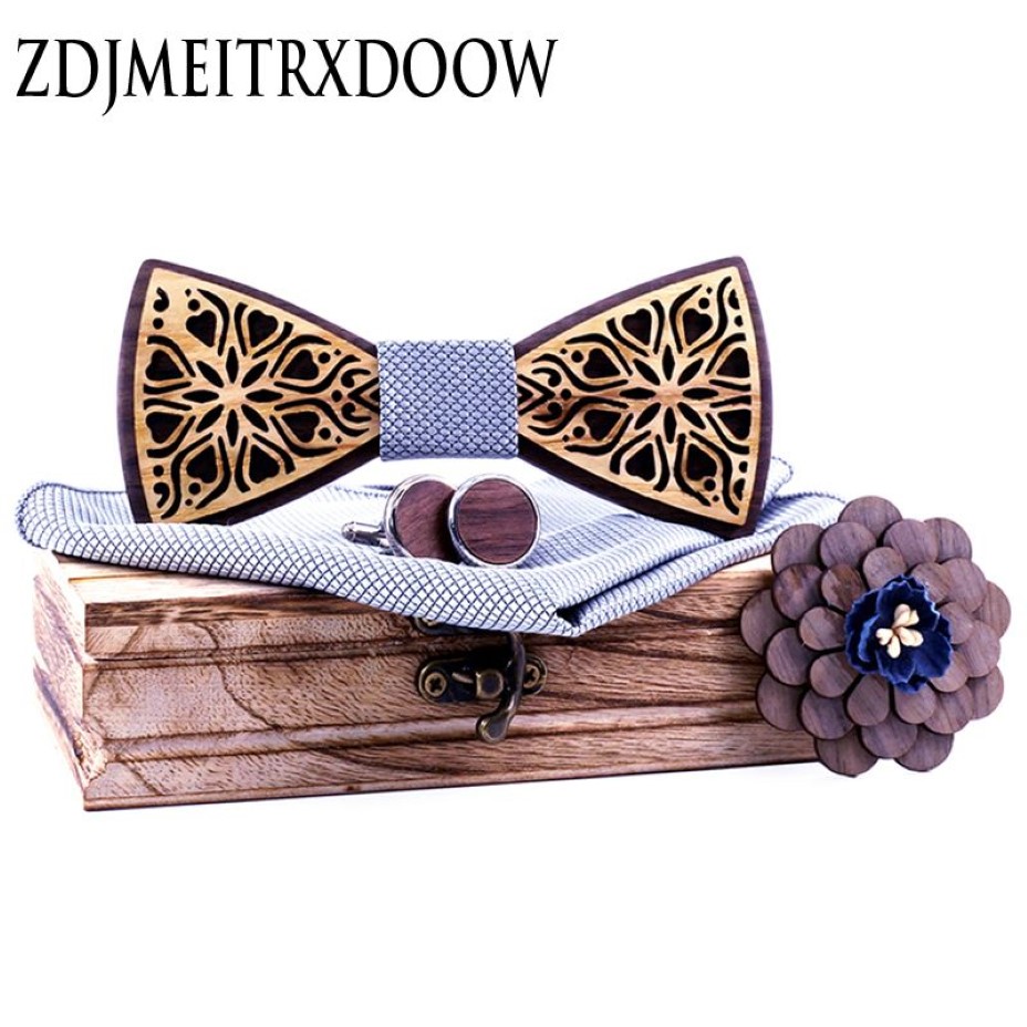 Dubbelskikt trä Bow Tie Men's Silver Grey Wood Bowtie Cufflinks Set Business Cufflinks For Wedding Corbatas Para Hombre 2224a