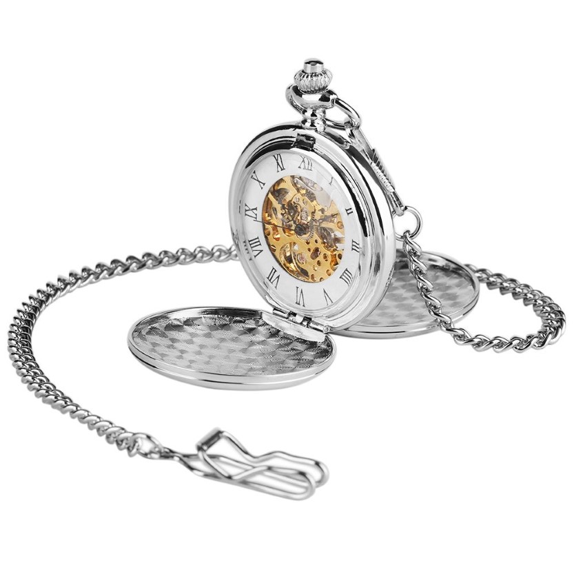 2020 New Arrival Silver Smooth Double Full Hunter Case Steampunk Skeleton Dial Mechanical Pocket Watch With Chain for Gifts T233i