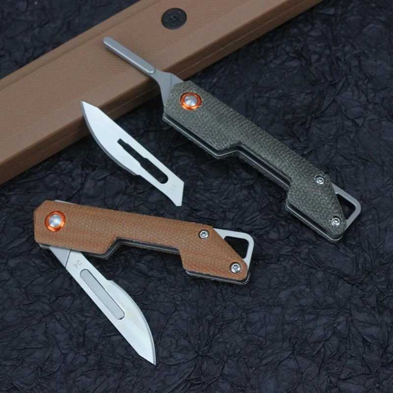 Camping Hunting Knives Miniature Folding Knife Box Cutter Linen Handle Utbytbar BLADE EDC Keychain Craft Binding Kniv Överlevnad Emergency Scalpel 240315