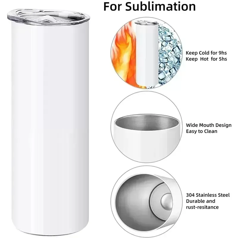 CA USA Warehouse 20Oz Sublimation Tumblers Stainless Steel Double Wall Insulated Coffee Mug White Straight Blank Stocked