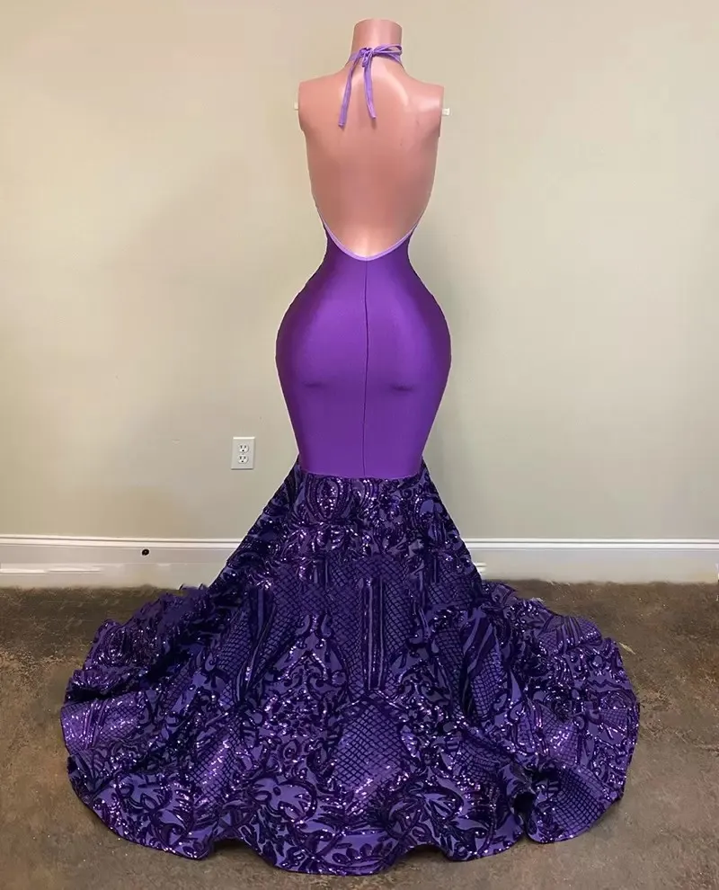 Purple Prom Dresses Sexy Halter Deep V Neck Sleeveless Mermaid Evening Gowns Sequined Lace Backless Arabic Aso Ebi Women Formal Party Wear Vestidos De Festa CL0148