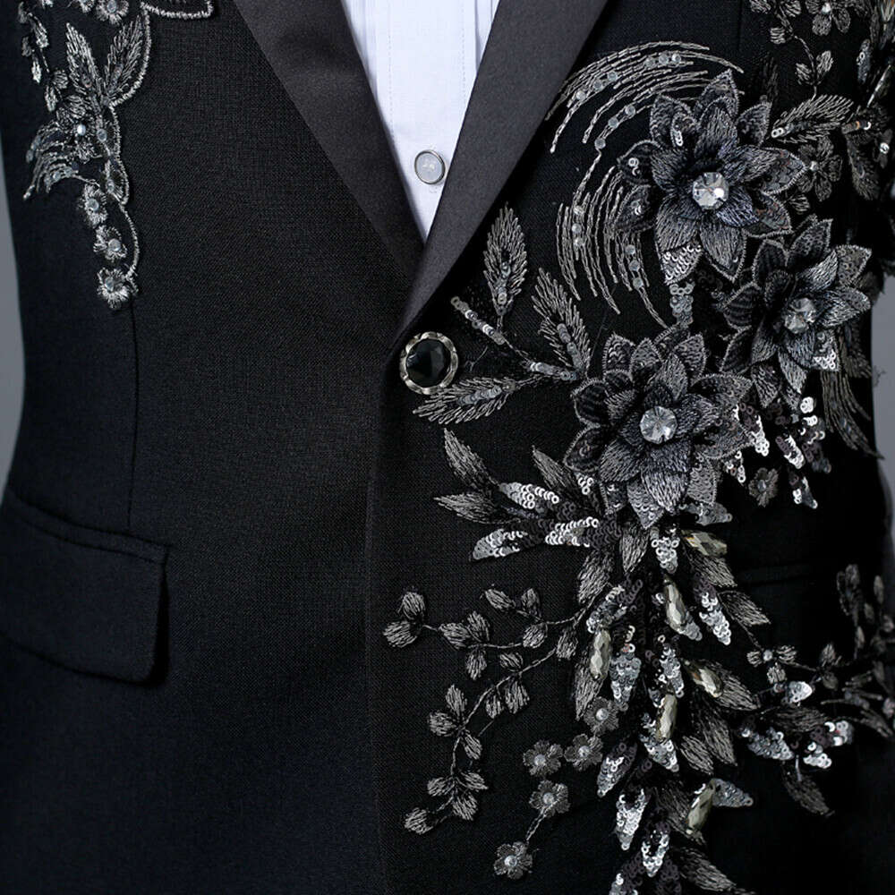 Elegant Appliqued Two-piece Men's Suit for Wedding Banquet Host Dance Prom Christmas Costume Men Blazer Chinese Style