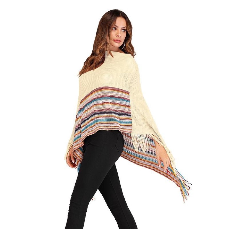 Scarves Spring Women's Luxury Knitted Poncho Cape Designer Pullover Sweaters Irregular Cloak Tassel Femme Autumn Striped Shaw3231