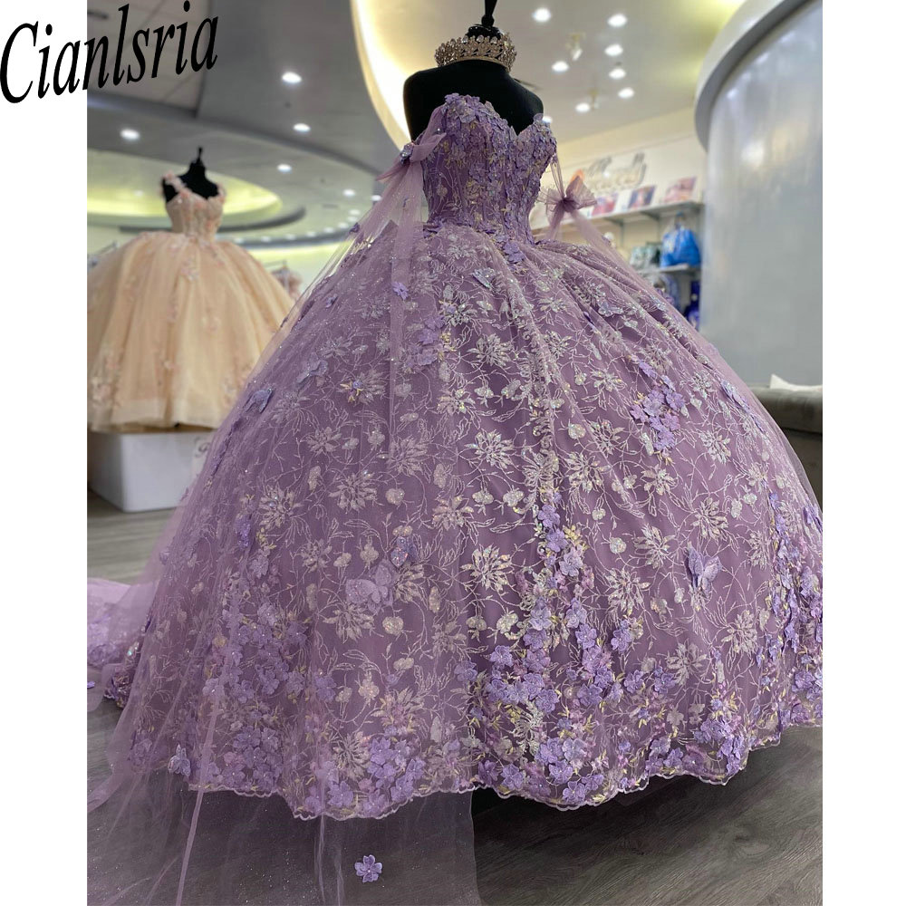 Lilac Glitter Crystal Sequined Ribbons Ball Gown Quinceanera Dresses Off the Shoulder Appliques Lace Corset Vestido de 15 Anos