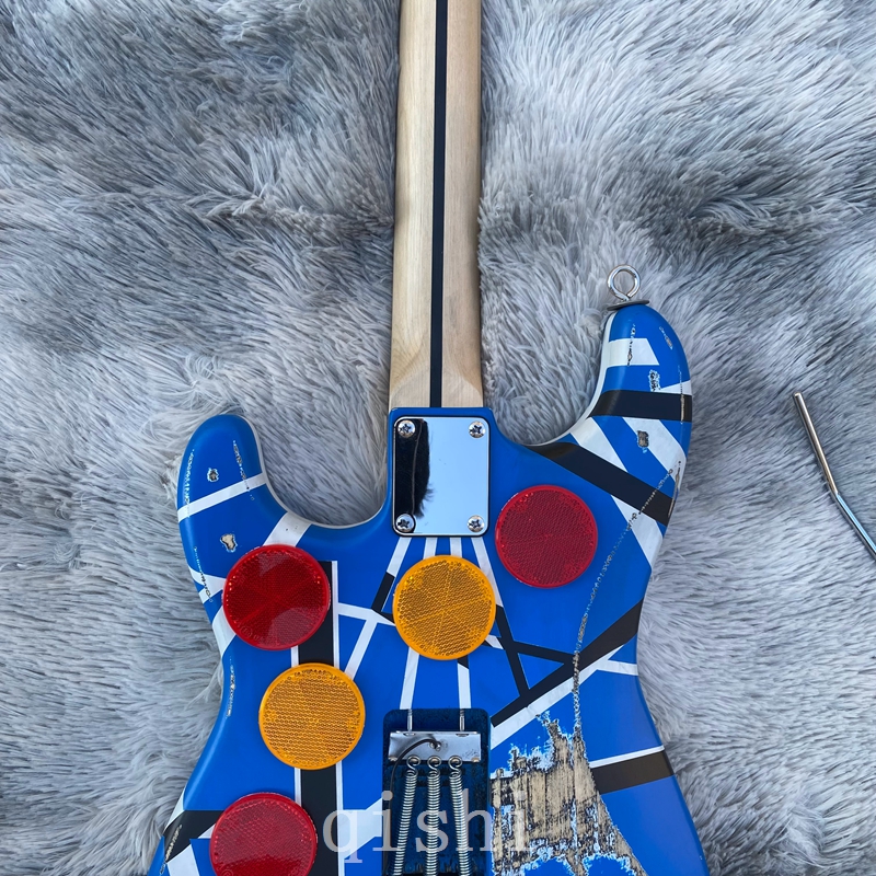 Edward Eddie Van Halen Heavy Relic Blue Franken 5150 Electric Guitar Black White Stripes Floyd Rose Tremolo Bridge Slanted Pickup Real Reflector