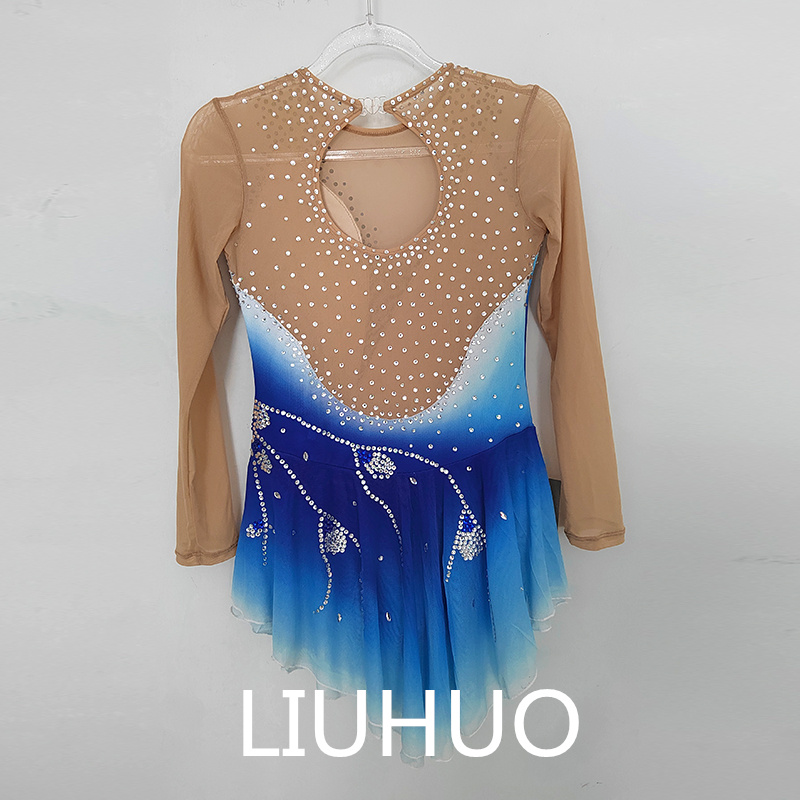 LIUHUO Personnaliser Les Couleurs Robe De Patinage Artistique Filles Adolescents Jupe De Danse De Patinage sur Glace Cristaux De Qualité Extensible Spandex Vêtements De Danse Ballet Bleu Dégradé