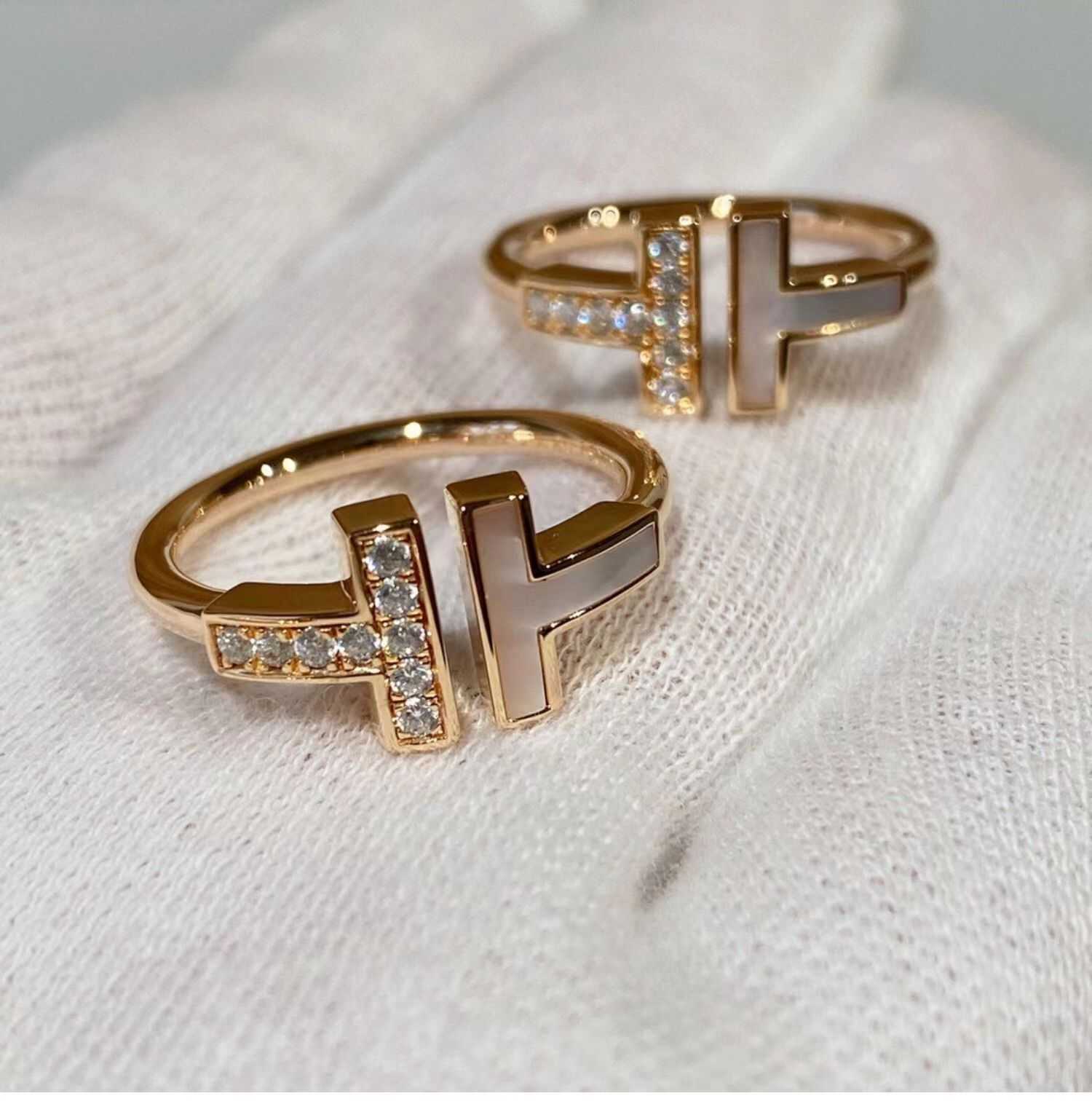 Designer Seiko tiffay e co s925 Rose Gold Diamond Set Pure Silver Double T Anel Aberto Feminino Letra Beimu