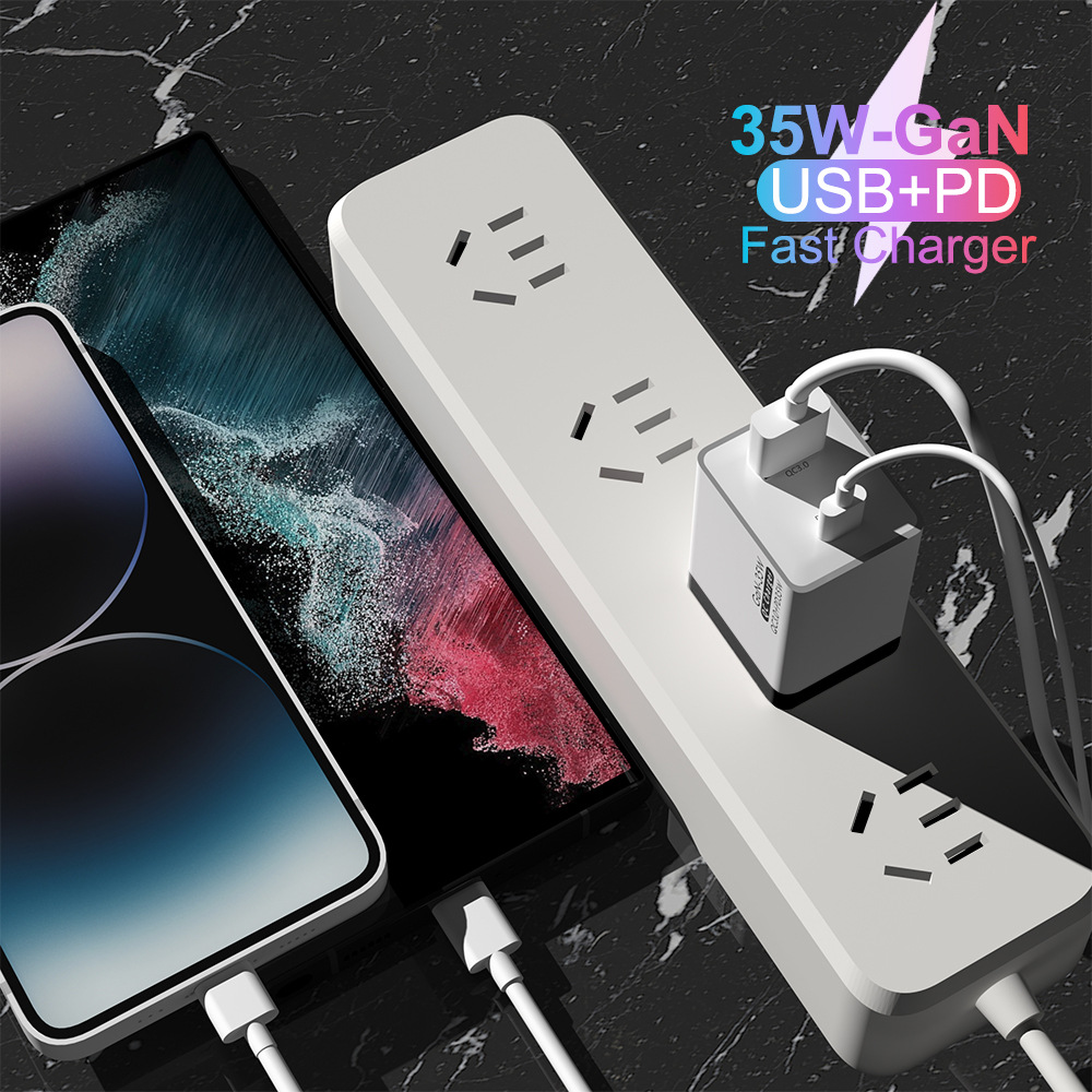 Зарядное устройство GaN PD 35 Вт, 2 порта, QC3.0, USB C, быстрая зарядка для iPhone 15 Pro Max, Xiaomi 14, Samsung, зарядные устройства для телефонов с вилкой ЕС, США, Великобритании и Австралии