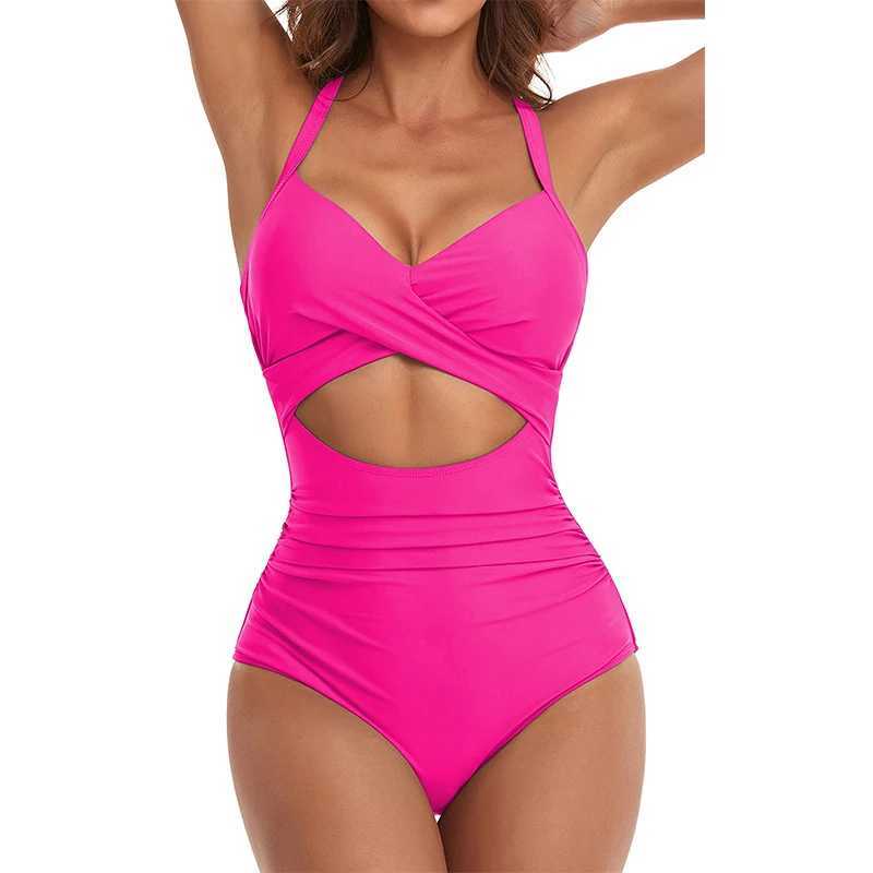 Maillot de bain 2024 One Piece Womens Belly Control Maillot de bain Plus Taille Maillot de bain anti-rides Monokini Vintage Solid Summer Beach Costumes 2XL Sports aquatiques 240311