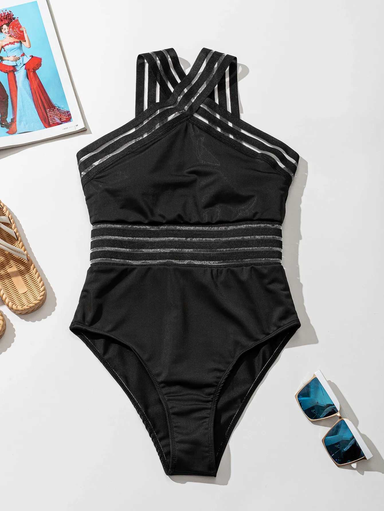 Swim Wear 2024 Women One Piece badkläder Sexigt nät som kombinerar badkläder Push Up Uniform Womens Monokini Aquatic Sports 240311