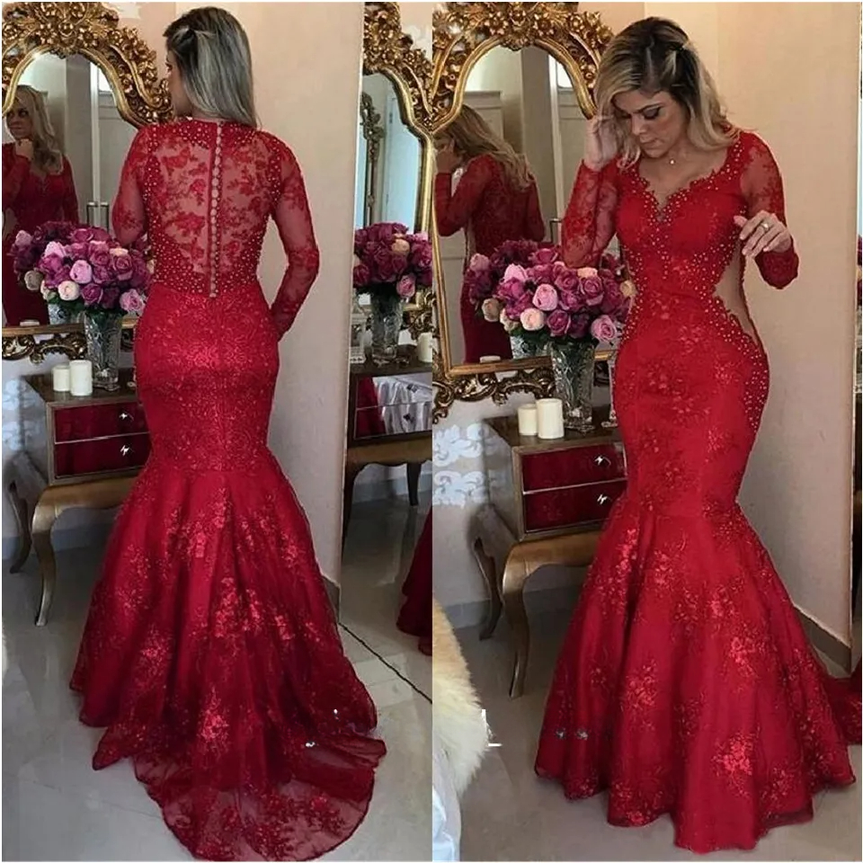 Luxury Pearls Crystal Mermaid Evening Occasion Dresses with Long Sleeve Sexy Cutside V-neck Red Lace Sheer Back Prom Dress