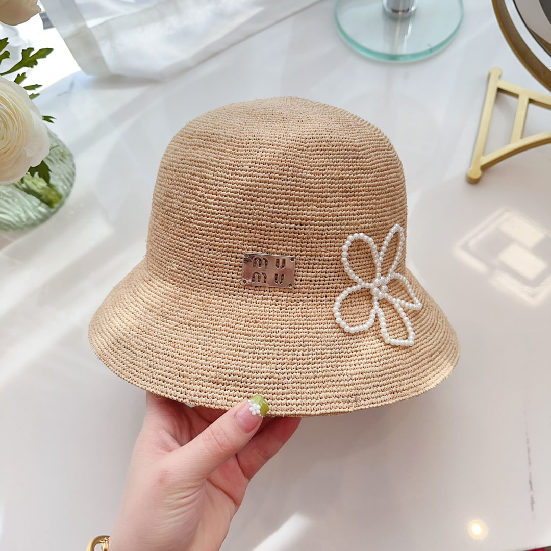 Chapeau seau de styliste élégant, fait à la main, en perles, fleurs, herbe, tissé, de haute qualité, pour vacances, plage