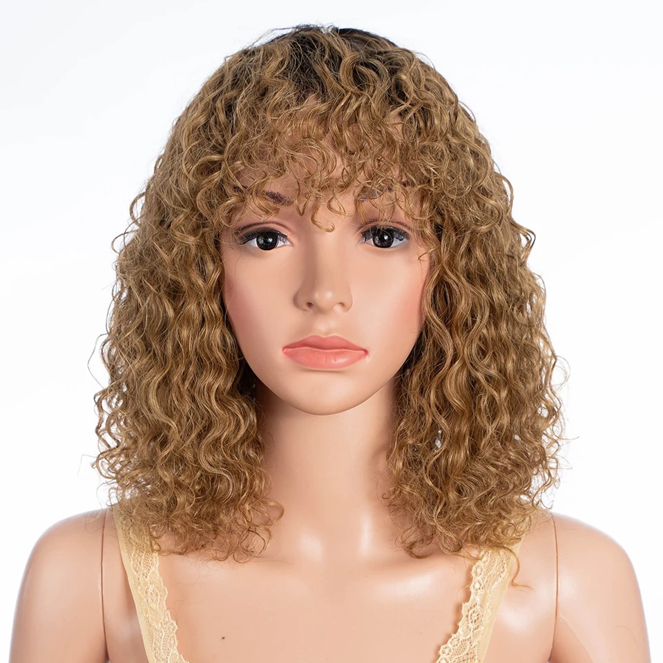 Colored Short Afro Kinky Curly Bob Human Hair Bangs Wig for Women Brazilian Remy Hair Ombre Blonde Honey Loose Water Wavy Wigs