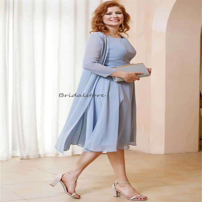 Dusty Blue Mother Of The Bride Dresses Elegant Two Pieces Chiffon Wedding Guest Dress With Jacket Elegant Mom Short Formal Evening Dress Groom Mother Party Wear 2024