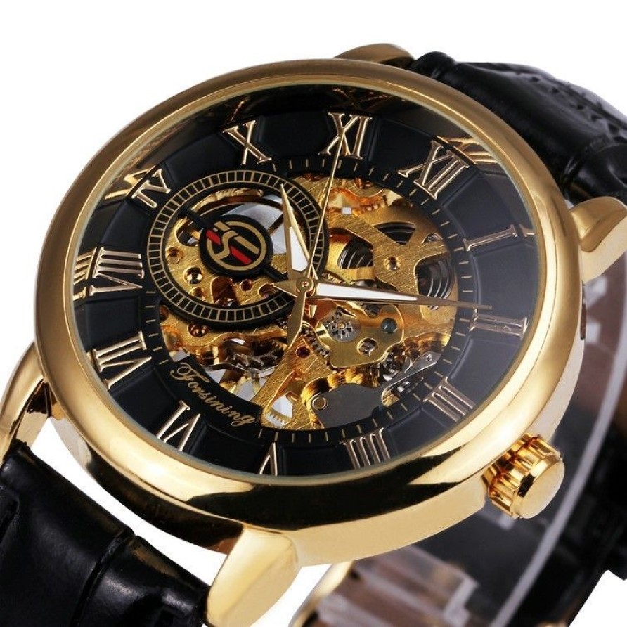 Forsining 3d Logo Design Hohl Gravur Schwarz Gold Fall Skeleton Mechanische Männer Uhren Heren Lederband Heren Horloge Y19052283t