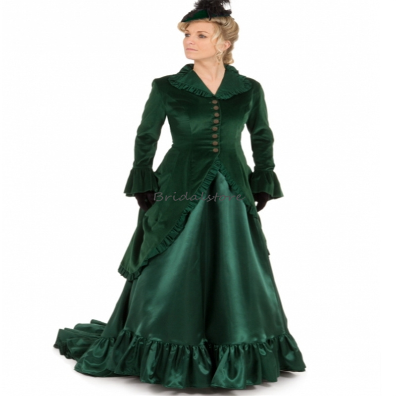 Duchess Green Medieval Evening Dress Victorian Velvet Bustle Civil War Southern Belle Prom Dress Vintage Long Sleeve Formal Party Vestidos de Noche Dubai Abaya Chic