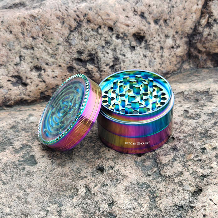 Broyeur d'herbes à fumer arc-en-ciel avec jeu de labyrinthe, 63mm, 4 pièces, en alliage de Zinc, broyeur de fumée de tabac pour cuillère à main, accessoires de tuyau