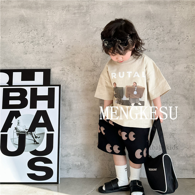 Boys Character letter printed T-shirt 2024 summer kids cotton half sleeve casual tops fashion children eyes pattern beach wear shorts Z7152