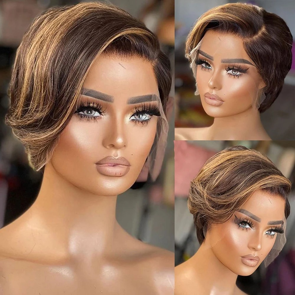 Highlight Pixie Cut Perücke, kurze Bob-Perücke, gerade Echthaar-Perücken für Frauen, Seitenteil, transparente Spitze, natürlich, vorgezupft, 180 %