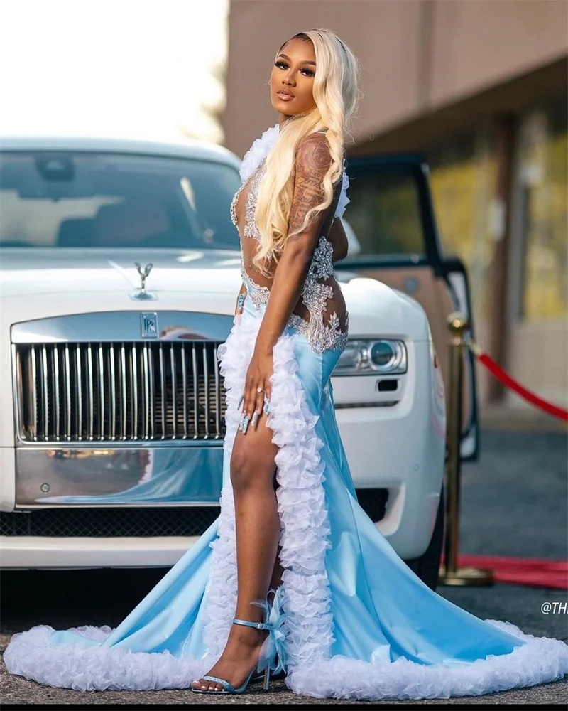 Sexy Mermaid Prom Dresses 2024 For Black Girls Sheer Neck Ruffles Beads Crystal Aso Ebi Party Dress Robe De Bal