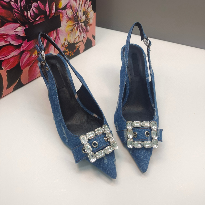 Denim Square Rhinestone Buckle Decorative Slides Mule Sandals klädskor 6.5 cm Stilletto klackar Kvinnors lyxdesigner Party Evening Best Shoes 35-42 Quality 10A Box