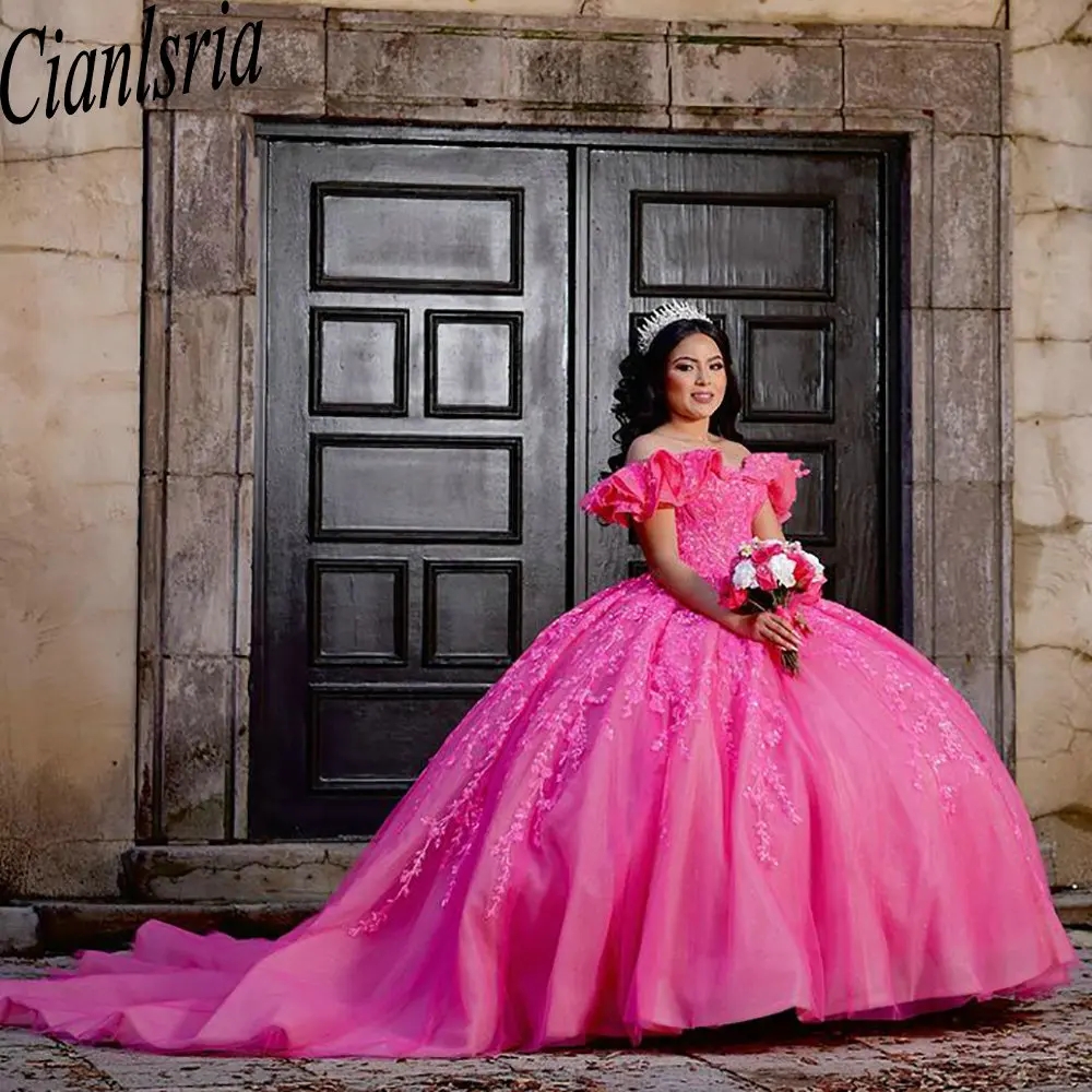 Fuchsia Off The Shoulder Ruffles Quinceanera Dresses Ball Gown Sequined Appliques Lace Sweet 15 Birthday