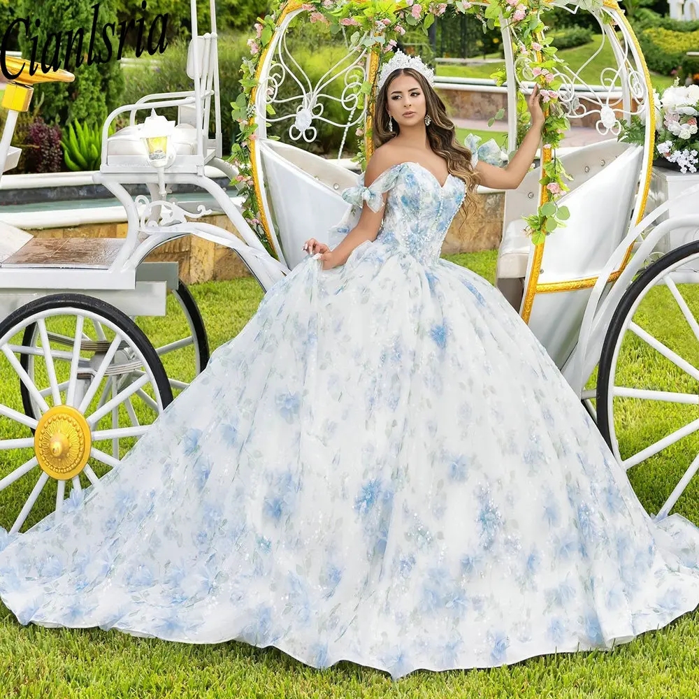 Luxo floral lantejoulas laço arco quinceanera vestidos de baile fora do ombro 3d flores doce 15 aniversário