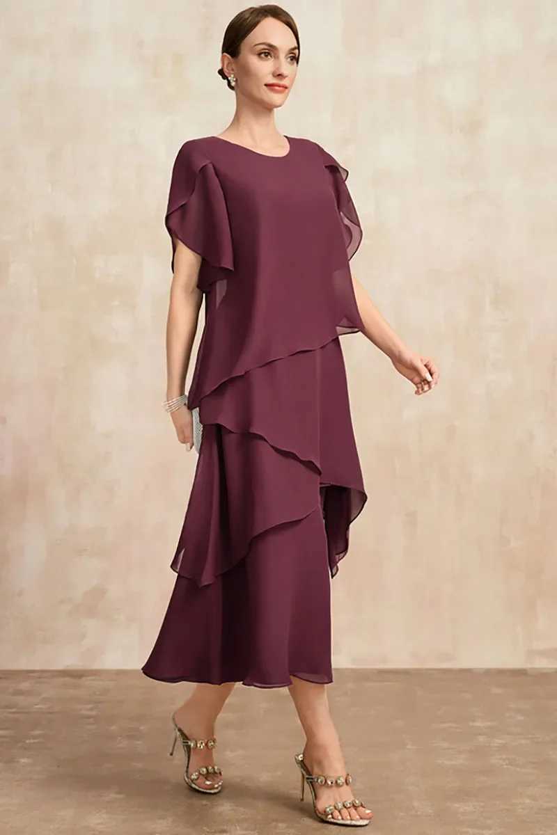 Basic Casual Dresses Elgeant Chiffon Mother Of The Bride Dresses Irregular Layered Petal Sleeve Flowy Maxi Dress Party Wedding Guest Dress Plus SizeL2403