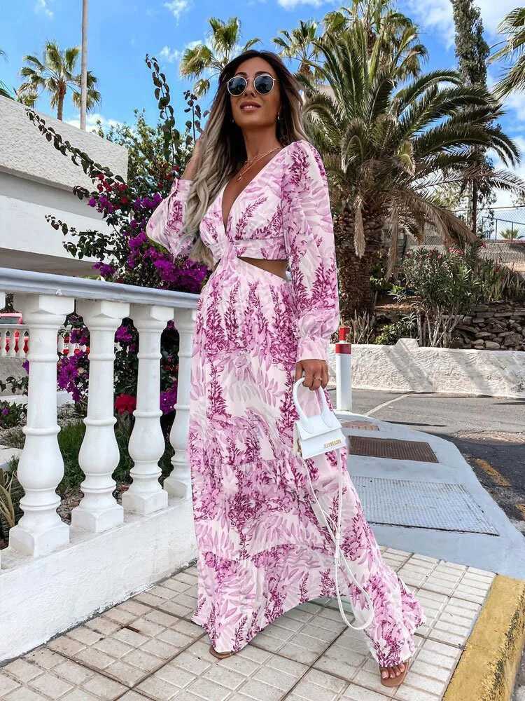 Robes décontractées de base Robes élégantes pour femmes 2023 Été Creux Sexy Imprimer Col en V Robe à manches longues Vacances Plage Lady Vesido Mujer Robe S-XXXLL2403