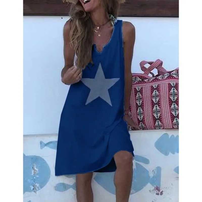 Vestidos casuais básicos 2020 feminino casual solto estrela impressão mid vestido na moda sem mangas com decote em v camis moda a linha vestidos de colete tamanhos S-5XLL2403