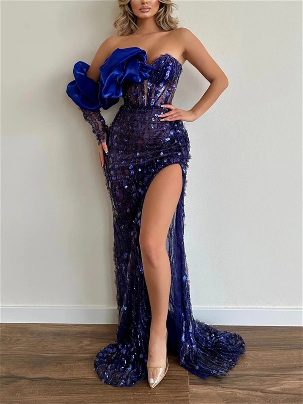 Robe de soirée à paillettes, asymétrique épaule dénudée, Sexy, robes de bal pour Occasions formelles, fente haute, manches longues, Illusion de robe de soirée