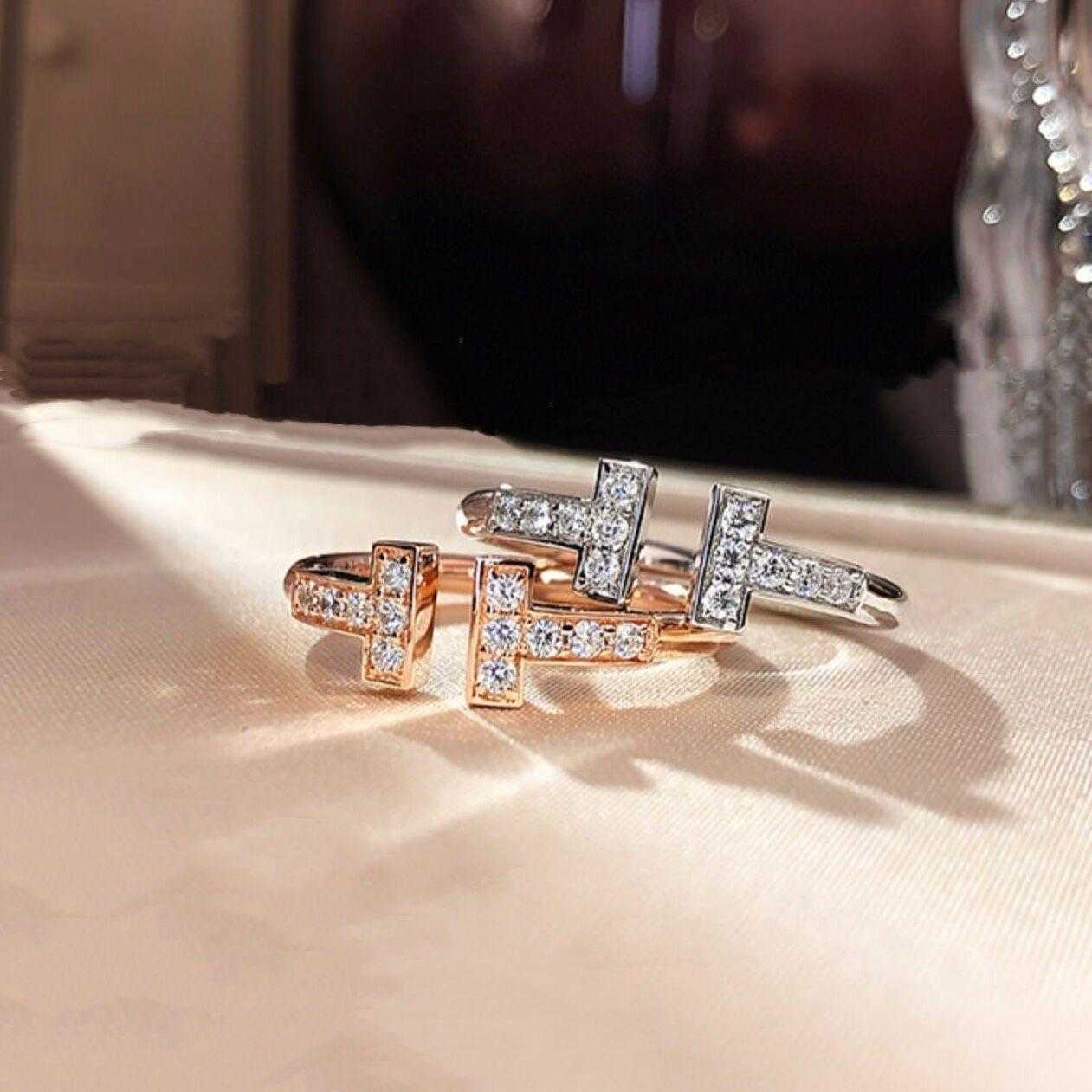 Designer tiffay and co Double T Ring 925 Sterling Silver Plated 18K Gold Ti House Set Diamond T-shaped No Smooth Open 6TF9