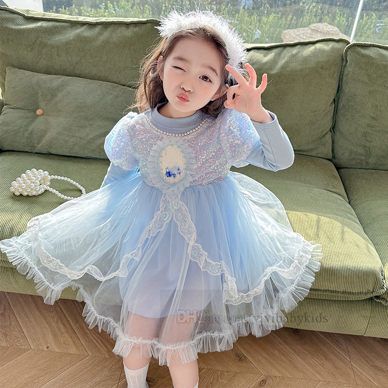 2024 frühling mädchen pailletten puff hülse party kleid kinder perlen gedruckt spitze tüll kleid kinder gaze prinzessin kleidung Z7164