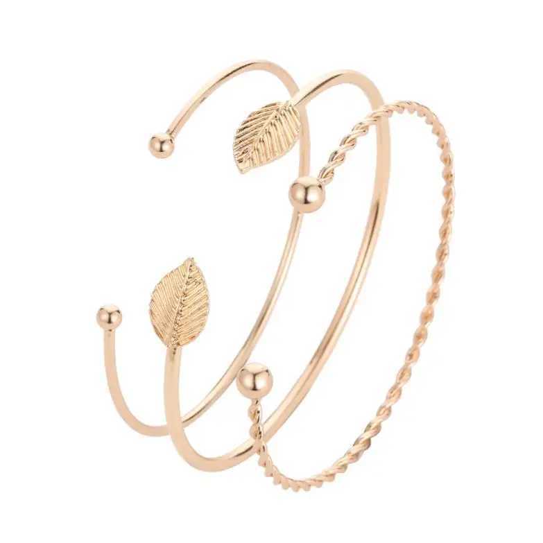 Bangle Mode Eenvoudige Gouden SV Plated Manchet Armbanden Voor Vrouwen Bladeren Armbanden Populaire Open Bangle Armbanden Driedelig suitL2403
