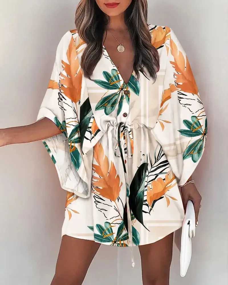 Basic Casual Dresses Womens Summer Flying Sleeves Sexy V-neck Lace Up Print Beach Dress 2023 Womens Spring Quarter Sleeve Loose Button Mini DressL2403