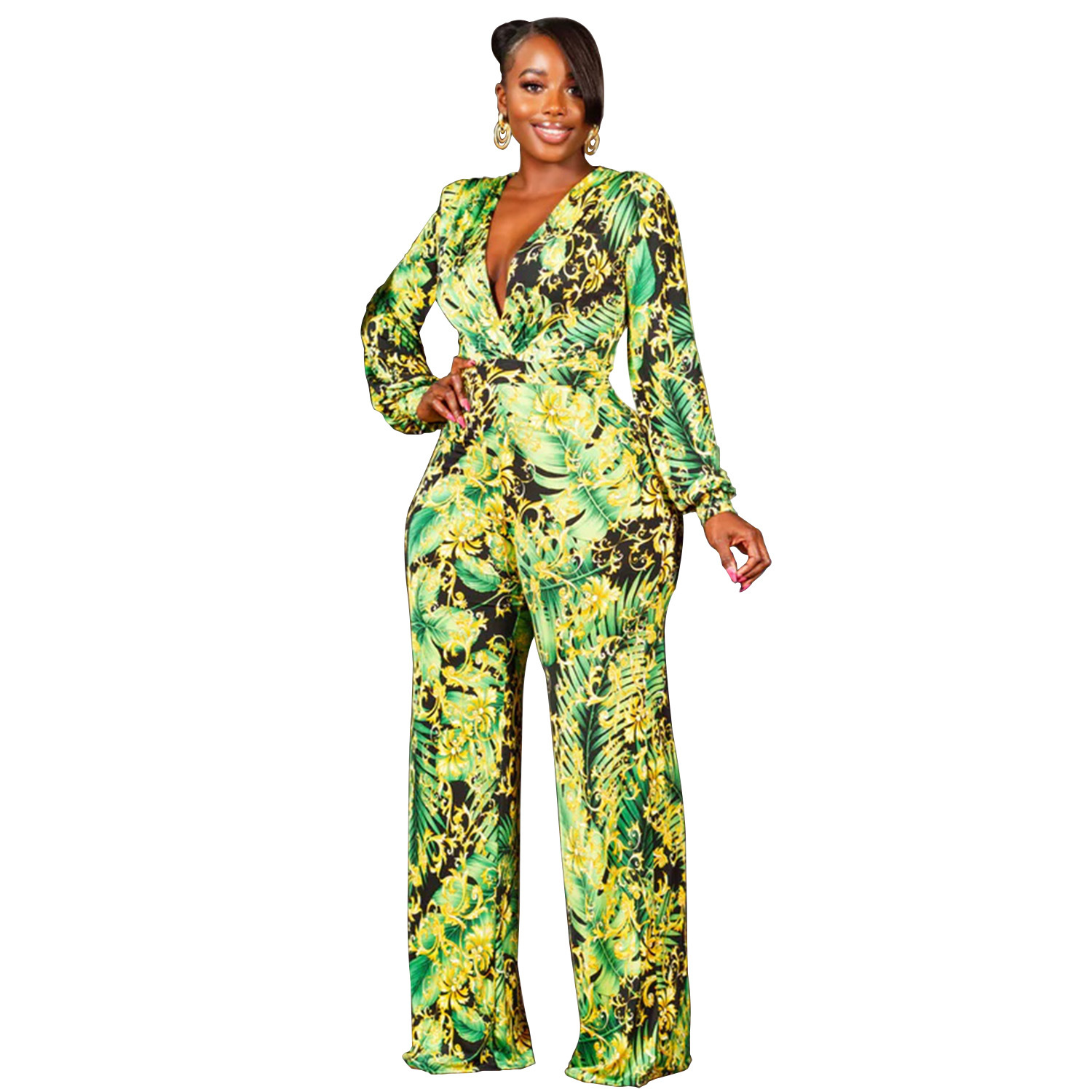 Grote maten herfstmode dames-jumpsuit met V-hals, lange mouwen en hoge taille, slim-fit damesjumpsuit