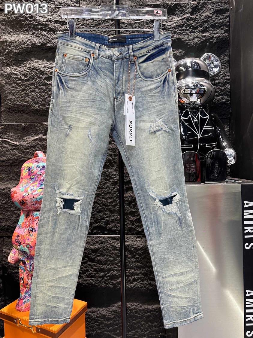 PW013 PAARS Hoge kwaliteit heren jeans Distressed Motorcycle biker jeans Rock Skinny Slim Gescheurde gatstreep Modieus slangenborduurwerk Denim broek