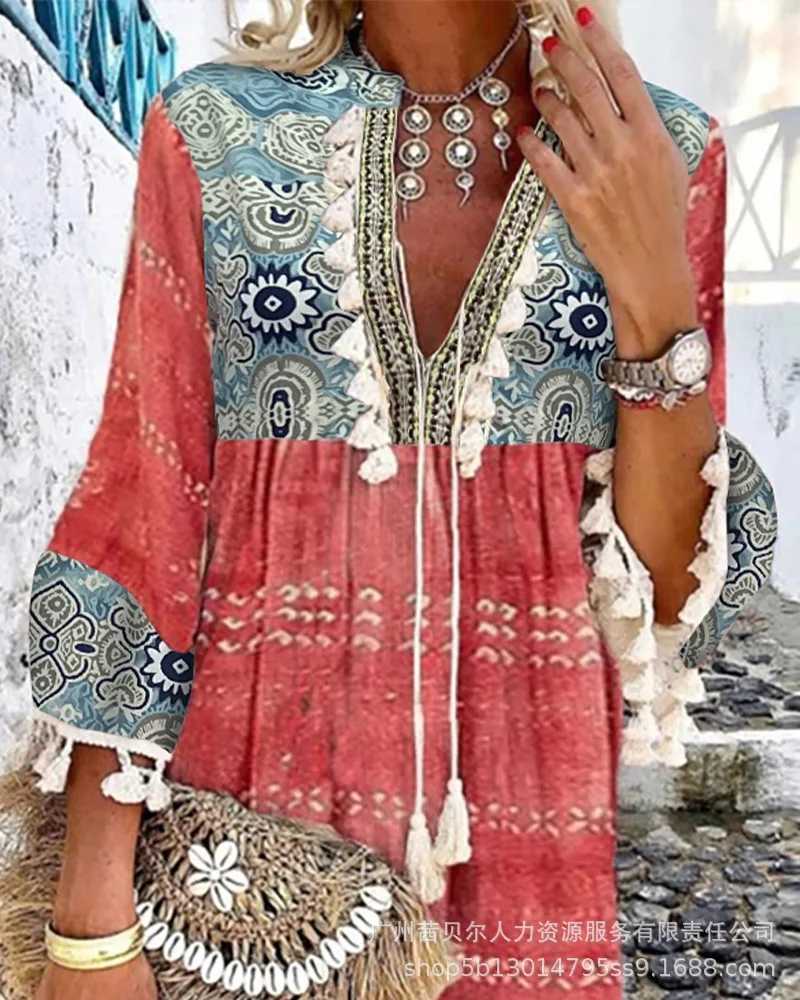 Grundläggande avslappnade klänningar Allover Geometric Print Tassel Decor Bell Sleeve Dress Women Elegant Summer Y2K Vestido Beach Vacation Boho Summer Sweet Bohol2403