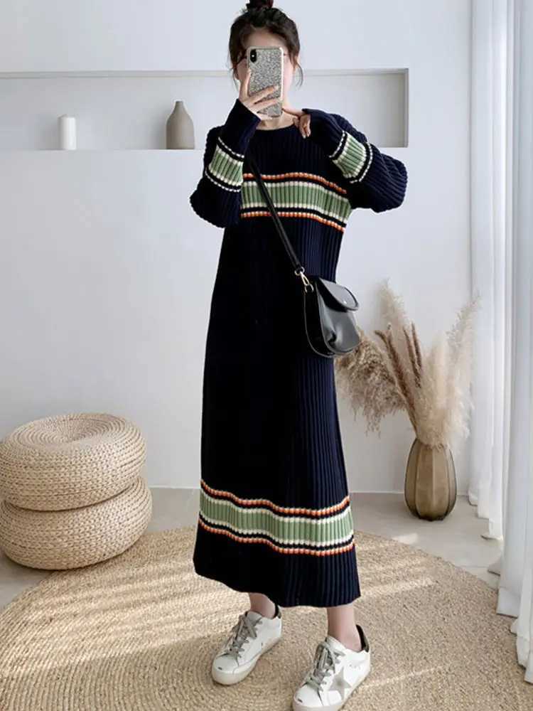 Basic Casual Dresses Korean style fashionable round neck long sleeved knitted dress 2023 women new mid length woolen dress loose straight tube skirtL2403