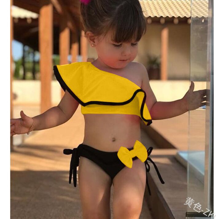 Ruffled children's swimsuit 2024 hot selling shoulder candy bow cute two-piece swim suit girls swimwear