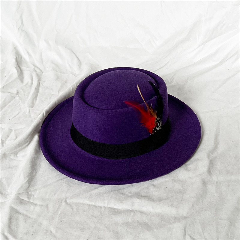 Feather Small Brim Flat Top Hat Men's Felt Hatts Women Fedora Cap Women's Fedoras Men Trilby Party Caps