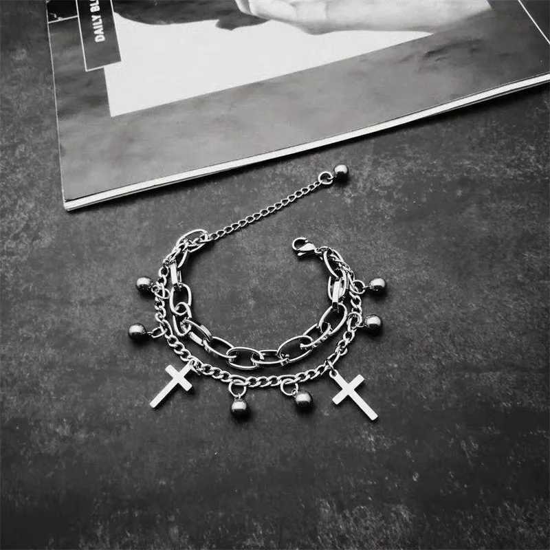 Bangle Gothic Hip Hop Metal Cross Pendant Charm Bracelet for Women Female Beads 2 Layering Linked Chain Bracelets Cool Jewelry GiftL2403