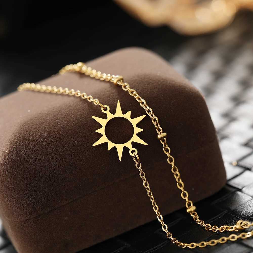 Armreif Edelstahl Armbänder Einfache Sonne Design Anhänger Mehrschichtige Perlenketten Charme Koreanische Mode Armband Für Frauen SchmuckL2403