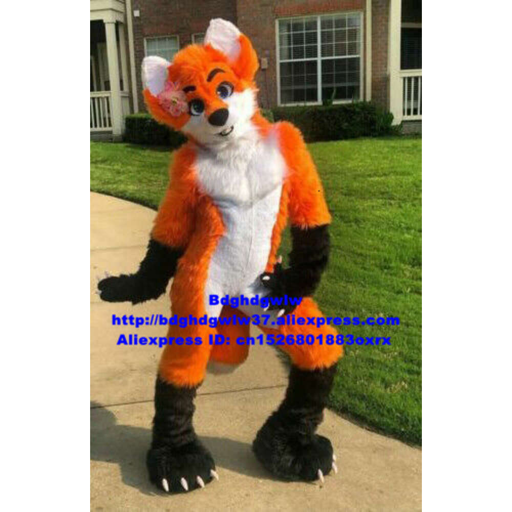 Mascot Costumes Orange Long Fur Furry Wolf Husky Dog Fox Fursuit Mascot Costume Adult Cartoon Character Suit Big Party Pedestrian Street Zx3000