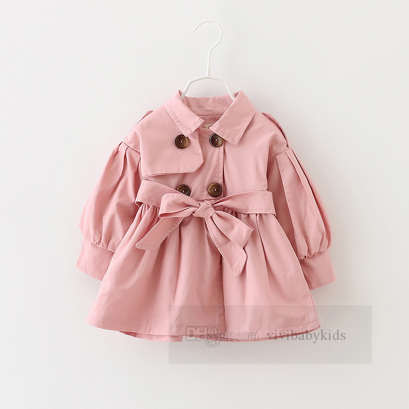 2024 Spring Little Girls Trench Coat Kids Double Breasted Bows Belt Outwear Children Cotton Lapel Long Sleeve Clothes Z7165