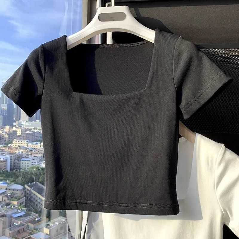 American style square neck shoulder length short sleeved T-shirt womens 2024 summer new slim fit revealing navel spicy girl short top ins