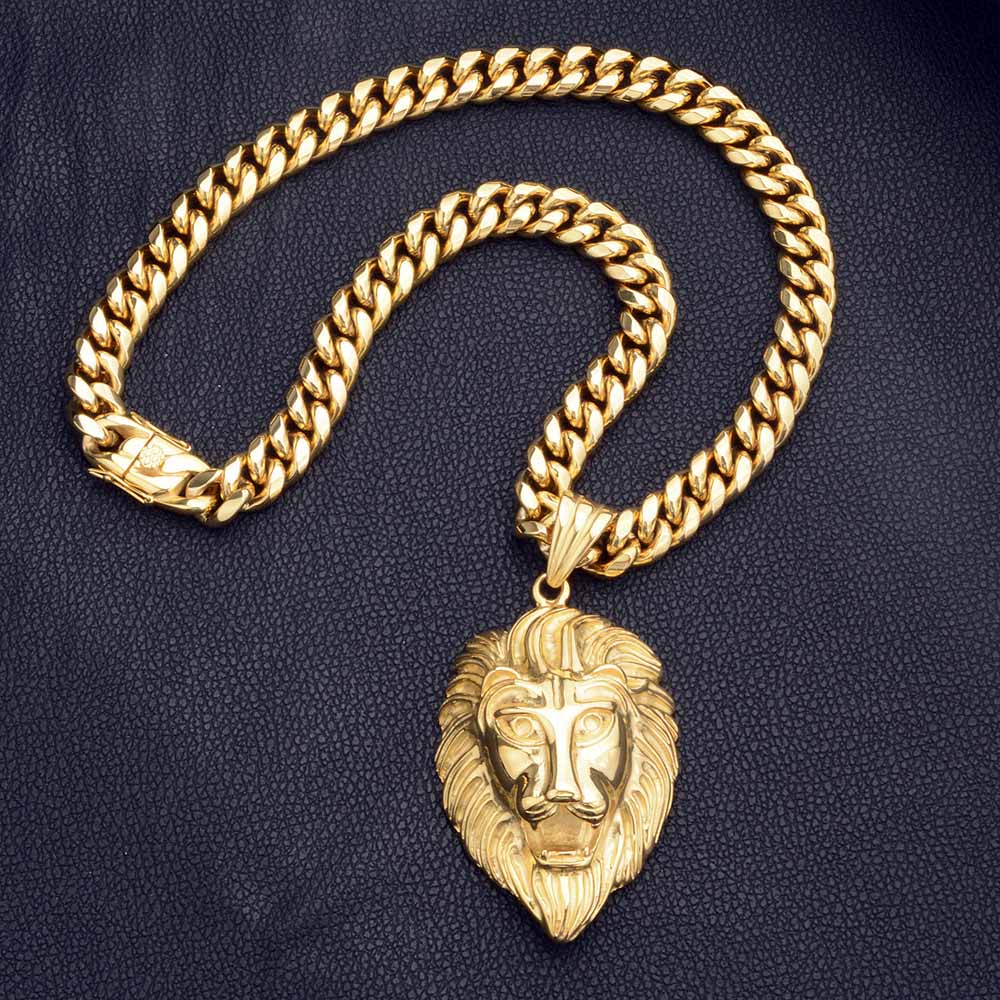 316L Edelstahl Männer Löwenkopf Großer Anhänger Miami Cuban Link Chains Goldene Halskette Hip Hop Accessoires für Herren Punkschmuck