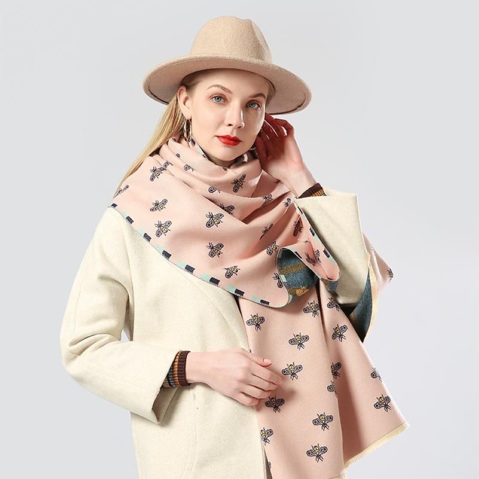 double-sided scarf women Mrs Winter warm cashmere shawl scarf animal bee printing soft thin blanket Holiday gifts257y