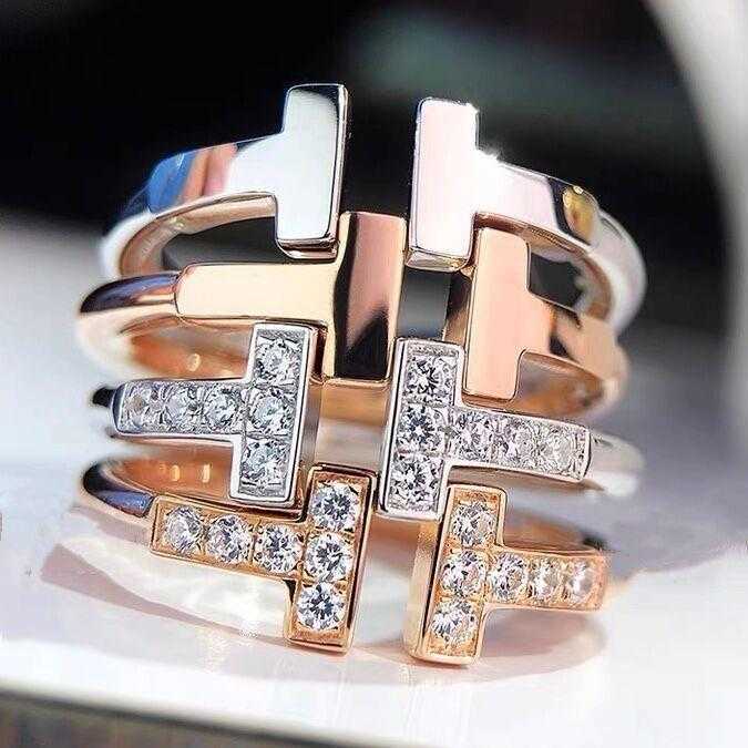 Designer tiffay and co Double T Ring 925 Sterling Silver Plated 18K Gold Ti House Set Diamond T-shaped No Smooth Open 6TF9