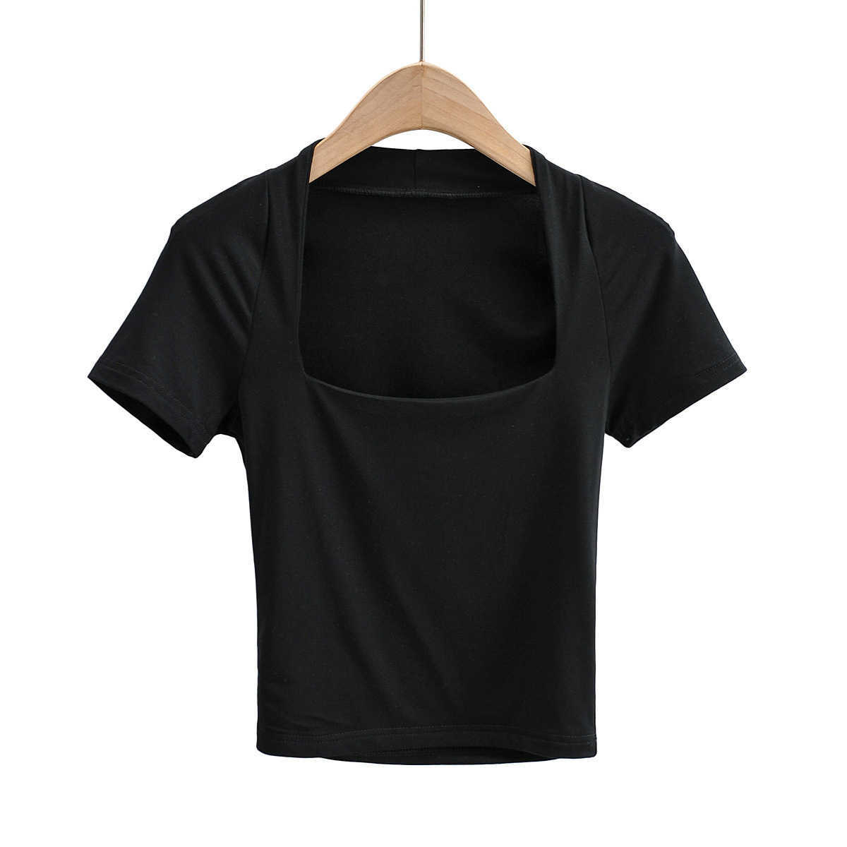 American ins low cut square neck slim exposed navel short T-shirt womens summer new elastic slim solid color short sleeve top fashion